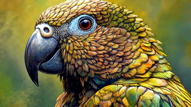 A close-up of a New Zealand kākā, a large parrot with a distinctive black beak and bright orange-yellow feathers, in its natural habitat