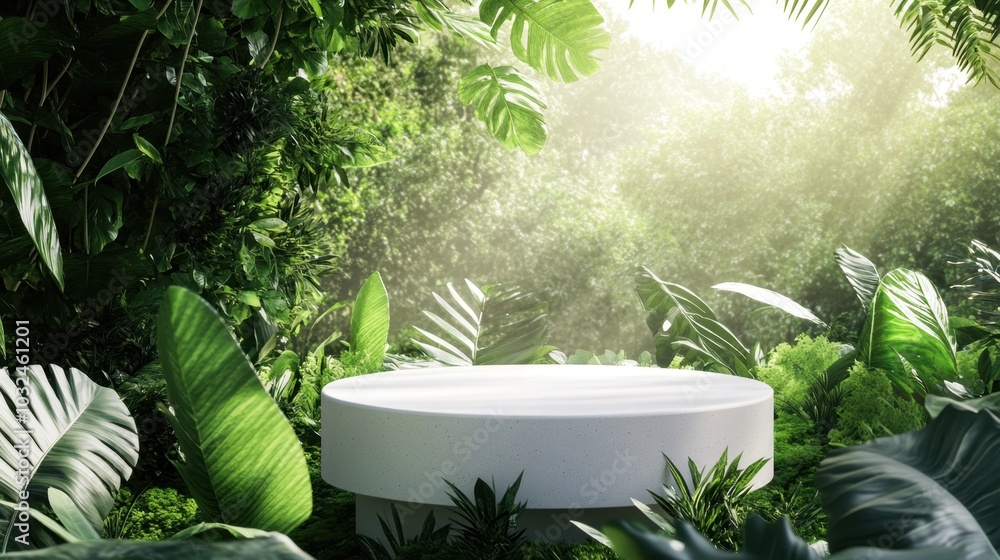 Poster a minimalistic display podium enveloped by lush greenery, creating a serene and natural backdrop per