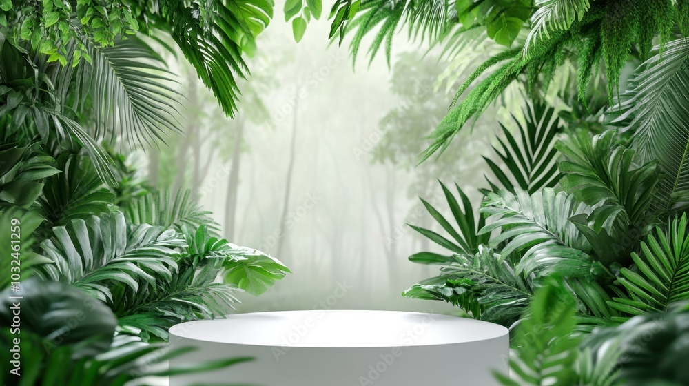 Aufkleber a minimalistic display podium enveloped by lush greenery, creating a serene and natural backdrop per