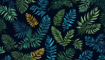 Collection of tropical leaves,foliage plant in blue color with space background, Painting-Art, Provocative-Art, Watercolor-Art