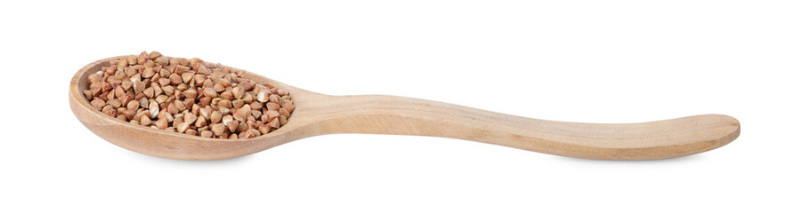 Raw buckwheat in wooden spoon isolated on white