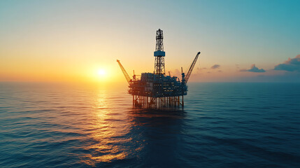 Aerial view of an oil rig in the ocean at sunset, showcasing the machinery silhouetted against the vibrant sky and tranquil waters.
