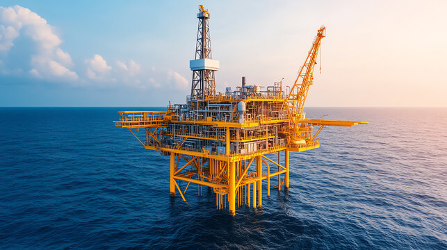 Aerial view of a vibrant yellow oil drilling rig offshore, surrounded by calm ocean waters under a clear blue sky.
