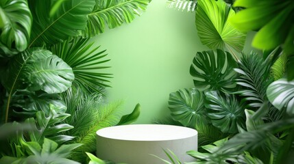 A minimalistic podium encircled by lush green plants, perfect for displaying products in a calm, nature-inspired atmosphere.