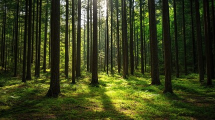 Fototapeta premium A serene forest with tall trees, sunlight streaming through the canopy casting shadows, and a lush green forest floor highlighted by dappled light.