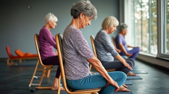 Seniors enjoying a chair yoga class at a local community center, practicing seated poses under natural light