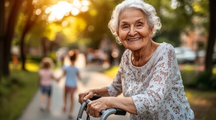 Elderly woman enjoys a joyful family outing in the park with her daughter and grandchildren on a sunny afternoon