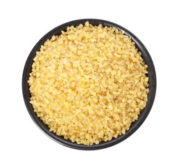 Raw bulgur in bowl isolated on white, top view