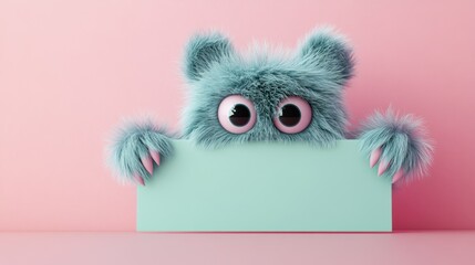 A playful fluffy monster peeks over a mint green sign against a pink backdrop, perfect for whimsical and fun designs.