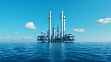 An offshore oil rig stands majestically in the calm ocean waters, surrounded by a clear blue sky with fluffy clouds, symbolizing energy and industry.