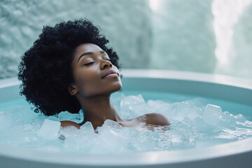 A black woman smilling in a ice bath in spa centre, cold ice therapy concept