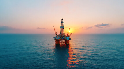 An oil drilling rig stands tall on the ocean at sunset, showcasing a serene blend of technology and nature in a vast marine landscape.