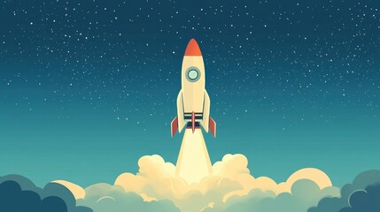 A powerful rocket ascends through a starry blue sky, capturing the spirit of innovation and exploration in a dynamic scene.