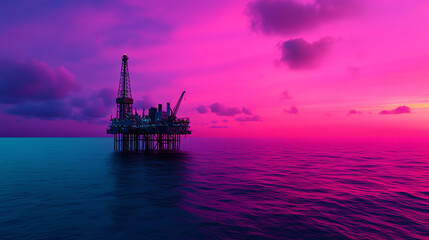 Fototapeta premium An oil rig at sunset, surrounded by vibrant hues of purple and blue. The scene captures the intersection of nature and industry in a tranquil ocean setting.