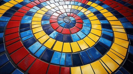 Circular mosaic in primary colors forming a spiral pattern creating optical motion