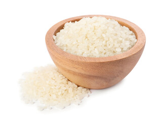 Raw rice in wooden bowl isolated on white