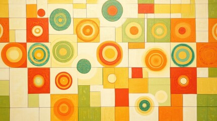Concentric geometric mural with circles and squares in vibrant orange yellow and green