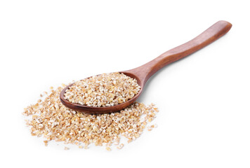 Dry wheat groats in wooden spoon isolated on white