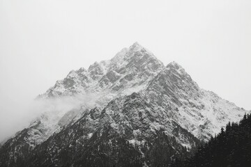 Obraz premium Snow-Covered Mountain Peak with Forest Below in Foggy Conditions