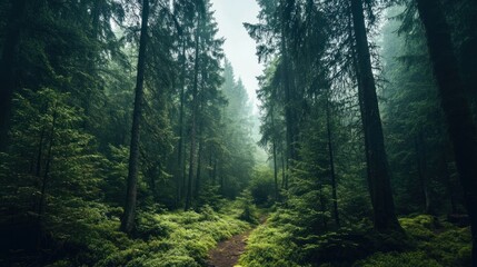 A serene forest path surrounded by tall, mist-shrouded trees and dense green foliage, depicting a tranquil and lush woodland landscape.