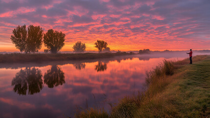 Obraz premium Stunning sunrise over reflective calm river