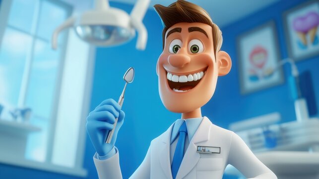 A smiling cartoon dentist holds up a dental tool, ready to care for patients, perfect for promoting dental services or health awareness in a friendly, approachable way.