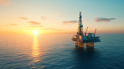 Fototapeta premium Offshore oil rig during sunset, surrounded by calm waters, showcasing the beauty and technology of energy extraction at sea.