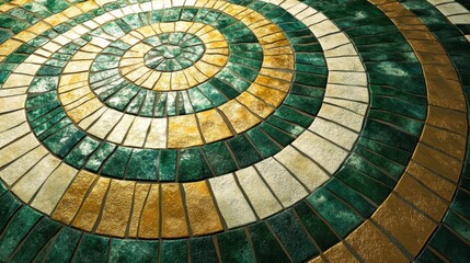 Naklejka premium Large circular mosaic of emerald green gold and white tiles with textured effect