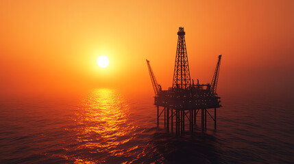 Obraz premium Offshore oil rig silhouetted against a vibrant sunset, casting reflections on the calm sea. A depiction of energy production and maritime engineering.