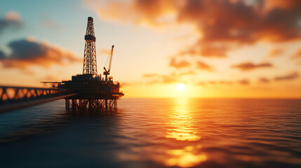 Obraz premium Oil rig at sunset, silhouetted against a vibrant sky, showcasing the intersection of nature and technology, with calm waters in foreground.