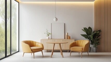 Mid-Century Modern Dining Nook with Leather Chairs and Wooden Accents, Featuring a Mockup Frame for Artwork Display
