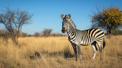 Obraz premium A zebra standing majestically in the South African bushveld, surrounded by sparse trees and tall grass, with a clear blue sky overhead.