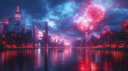 Fototapeta premium A vibrant cityscape with fireworks exploding over a river.