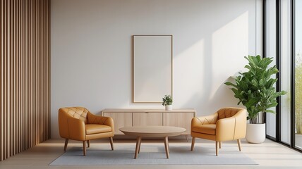 Mid-Century Modern Dining Nook with Leather Chairs and Wooden Accents, Featuring a Mockup Frame for Artwork Display