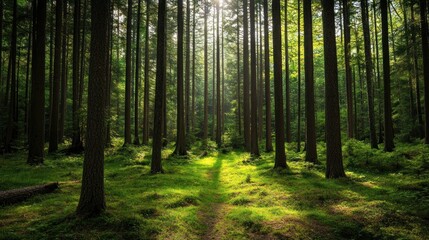 Obraz premium A serene forest scene with tall trees, their trunks casting long shadows on the green forest floor, illuminated by soft sunlight filtering through the canopy.