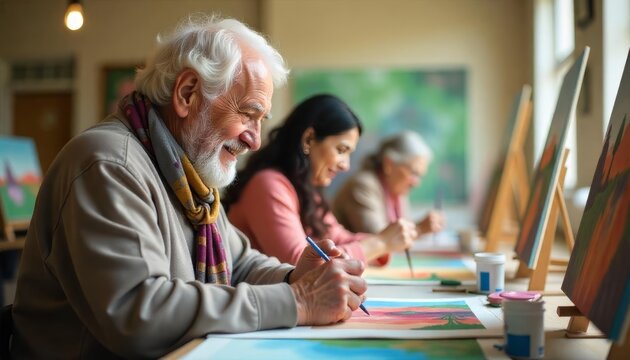 A senior artist joyfully painting with friends in a colorful studio filled with natural light during a creative afternoon art class