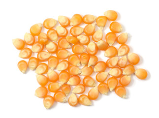 Pile of fresh corn kernels on white background, flat lay