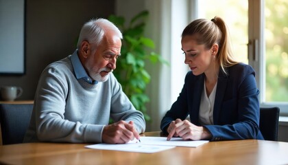 Fototapeta premium An elderly man and a young woman engage in a focused discussion while reviewing documents at a wooden table in a well lit room during the afternoon