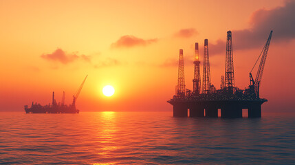 Fototapeta premium Oil rigs silhouetted against a stunning sunset over calm waters, creating a picturesque industrial scene with vibrant orange and purple hues.