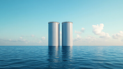 Obraz premium Two modern silos standing tall in calm waters under a clear blue sky, reflecting tranquility and innovation in architecture.