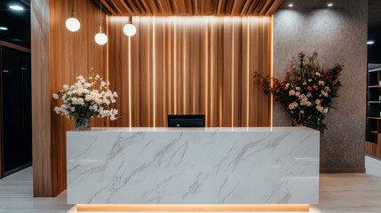 Luxurious reception area featuring a marble-finished desk, warm ambient lighting, and decorative floral arrangements for a welcoming atmosphere.
