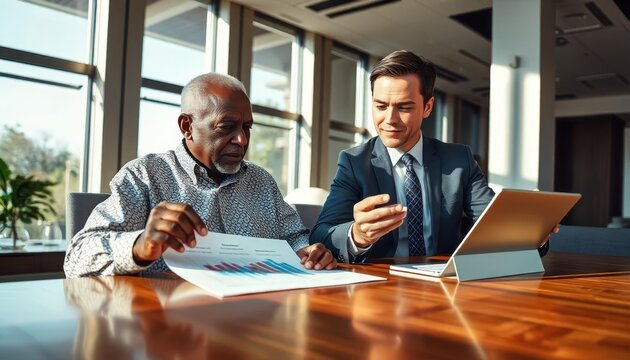 Senior man reviews financial charts with a younger colleague in a modern office setting during daylight hours - Powered by Adobe