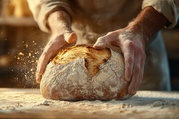 Baker's hands shaping freshly baked bread with flour dusting in warm bakery setting, capturing the art of traditional breadmaking.