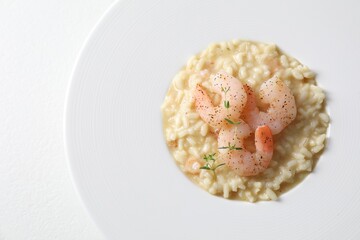 Delicious risotto with shrimps and cheese on white table, top view
