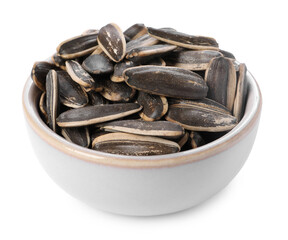 Sunflower seeds in bowl isolated on white