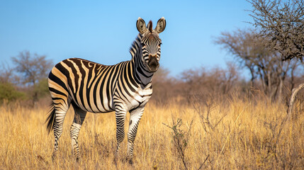 Naklejka premium A zebra standing majestically in the South African bushveld, surrounded by sparse trees and tall grass, with a clear blue sky overhead.