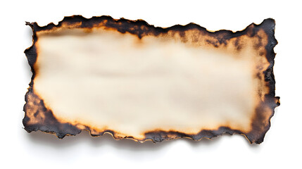 Obraz premium A piece of old parchment paper displaying burnt edges, isolated against a white background