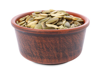 Peeled pumpkin seeds in bowl isolated on white