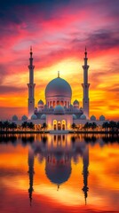 Breathtaking sunset over majestic mosque silhouette captured in stunning reflection