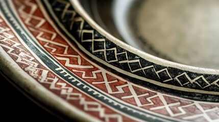 Obraz premium Close-up of a Roman ceramic plate with hand-painted geometric patterns in black and red along the border glossy surface under soft bright lighting